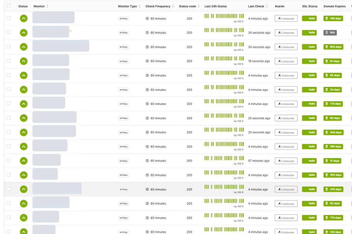 Your Monthly Care Report Uptime, SSL and domain-expiry monitoring across every site under care - client domains redacted