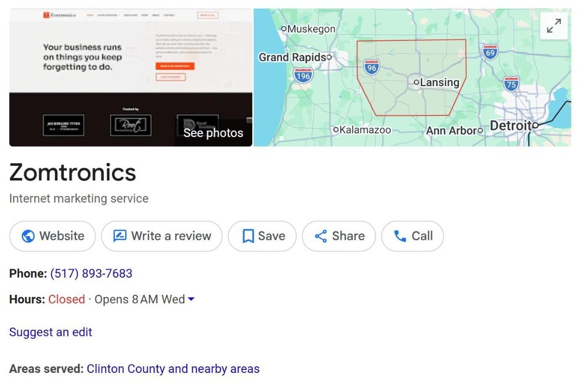 Google Business Profile Zomtronics' own Google Business Profile as Google shows it: photos, category, hours, phone number and areas served
